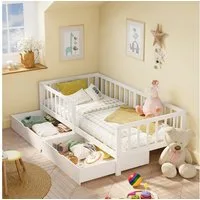 Bealife Kinderbett 95x206 cm mit Rausfallschutz und Stauraum, Belastbar bis 150 kg, Massivholzbett