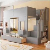 Flieks Etagenbett, Kinderbett 90x200cm mit Fenstern, 2 Schubladen und Stauraumtreppe