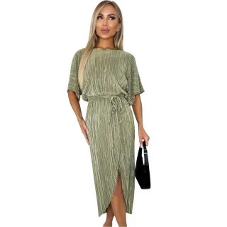 AX Paris - Midikleid für Damen, Stoffgürtel, Plissee, kurzärmlig (Helles Khaki)
