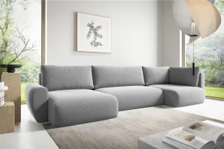 Wohnlandschaft Schlafsofa GALAN Stoff Poso Hellgrau Ottomane Links
