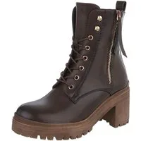 Ital-Design Trendige Stiefeletten mit Reißverschluss und Schnürung Schnürstiefelette (90861130) Blockabsatz Stiefeletten in Braun