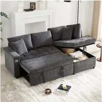 Merax Ecksofa ausziehbares Schlafsofa mit Bettfunktion & USB-Ladeanschluss, Chenille Stoff, 209x130x84 cm 1 Teile, L-Form Sofa mit Armlehnenablage, Getränkehalter, 2 Kissen & Stauraum