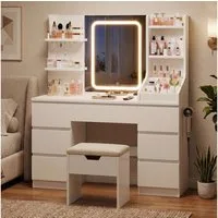 HOMALL Schminktisch Spiegel mit LED-Beleuchtung, 7 Schubladen (Maße: 110 × 40 × 139 cm, drei einstellbare Farbtemperaturen, mit 8 offenen Ablagefächern, 6 Schmuckhaken, 2 Steckdosen, 1 USB-Anschluss, 1 Typ-C-Anschluss und einer Haartrocknerhalterung)