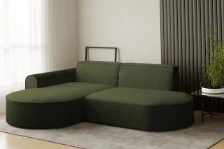 Ecksofa Designersofa BONDY in Stoff Neve Dunkelgrün Ottomane Links