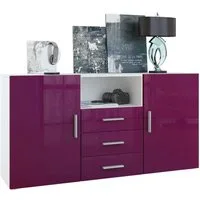 Vladon Sideboard Skadu (Kommode, mit 2 Türen, 3 Schubladen und 1 offenem Fach), Weiß matt/Brombeer Hochglanz (138,5 x 71,5 x 35 cm)