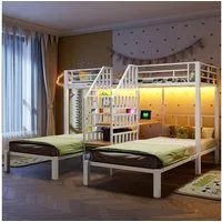MODFU Etagenbett aus Eisen mit drei Liegeplätzen (Kinderbett,Integrierte Leiter,Schreibtisch,2 USB-Anschlüsse & Stauraum), Metallbett LED-Beleuchtung, 90x200 cm, Ohne Matratze