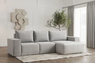 Ecksofa Designersofa ESTELLE in Stoff Poso Hellgrau Ottomane Rechts