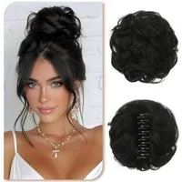 LuxusKollektion Echthaar-Extension Haarteil Dutt Messy Bun Echthaar Clip Klammer Natürliches Schwarz