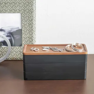 Yamazaki Schmuckkasten stapelbar 3 Ebenen 24x11cm Kunststoff & Holz schwarz. Stilvolle Aufbewahrung für Schmuck im modernen Japandi-Design.