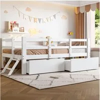 Flieks Kinderbett, Halbhochbett Einzelbett 90x200cm mit 2 Schubladen und Leiter