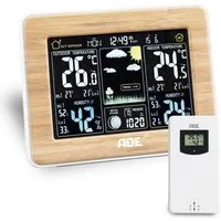 ADE Wetterstation Funk mit Außensensor, mit animierter Vorhersage Funkwetterstation (mit Barometer, LED-Farbdisplay, Funkwecker, Bambusrahmen)