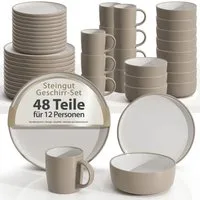Hausfelder Geschirr-Set Steingut Geschirrset 12 Personen, 48teilig, Nordic Sand (48-tlg), 12 Personen, Steinzeug, spülmaschinen- & mikrowellengeeignet, Reaktivglasur