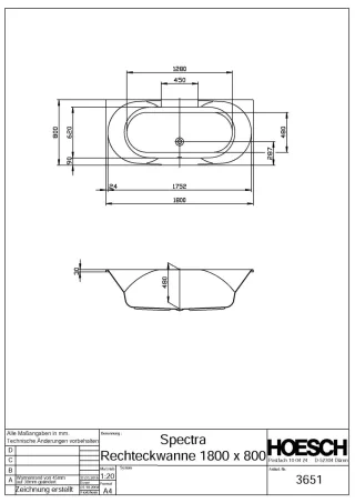 Hoesch Badewanne Spectra 1800x800 Weiss 3651.010
