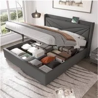 Flieks Polsterbett, Massivholz Stauraumbett mit USB/Typ-C Ladeanschluss 140x200cm Leinen