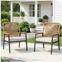 TLGREEN Gartenstuhl Eisen-Rattan Gartensessel,verbreiterter Sitz, (Balkonstühle Metall und Rattan, mit 8 cm dicken Sitzkissen, 2 St), 160 kg Belastbar für Terrasse, Garten und Veranda