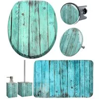 Sanilo Badaccessoire-Set 6-teilig Lumber, WC-Sitz mit Absenkautomatik, Badteppich 70 x 110 cm, Waschbeckenstöpsel, Badewannenstöpsel, Seifenspender, WC-Bürste, 6 tlg., hochwertig & modern, universell, leichte Montage