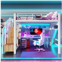 Flieks Hochbett Metallbett 140x200cm mit LED-Lichtleiste Stauraumtreppe Metallgitter