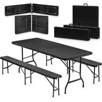 VESKA Bierzeltgarnitur 3-teilig Set Tisch + 2x Bank, wetterfest für drinnen und draußen, (klappbar mit Tragegriffen, Kunststoff, Gartengarnitur, Klapptisch), Gartentisch Länge 180 cm Rattan-Optik Schwarz
