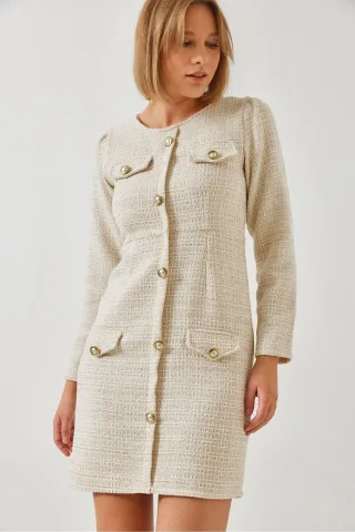 Knopf-Front-Tweed-Minikleid mit Rundhalsausschnitt