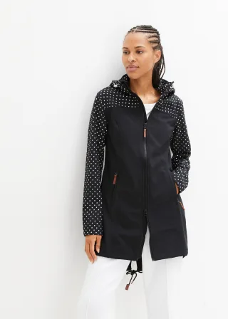 bonprix Wasserabweisende Softshelljacke, schwarz, Gr.46, Lange Softshelljacke mit abnehmbarer Kapuze und Reißverschlusstaschen, Slim Fit, aus Softshell