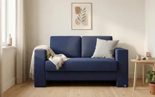 BRUNO Schlafsofa 120cm in Blau | Kubus | stabiles Massivholz & Boxspringkomfort