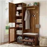 OKWISH Garderoben-Set Kleiderschrank-Set mit Spiegel, (Packung, 1-St., Kleiderschrank-Set mit oberem Stauraumfach,6 Kleiderhaken), mit Sitzbank und 16-farbiger LED-Beleuchtung