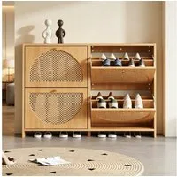 Merax Schuhschrank mit Rattan-Türen, Schuhkommode in Natur (1-St., Flur- und Eingangsbereich) Schuhregal mit 4 Klapptüren, 8 Fächern, 2 Haken & Stauraum,120x24x90cm