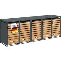 STEELSØN Mülltonnenbox Kestra 240L aus verzinktem Stahl (Anthrazit/Holz, verfügbar mit 1, 2, 3, 4, oder 5 Türen), für 5 Tonnen, mit Sichtstreifen Holzoptik