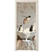 MuchoWow Türtapete Vintage - Pinguin - Badewanne - Schaumstoff, Matt, bedruckt, (1 St), Selbstklebende Tapete, Folie für Möbel, 75x205 cm