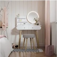 Vicco Schminktisch Edda, Weiß, 80 cm mit LED Beleuchtung und Hocker (2-St)