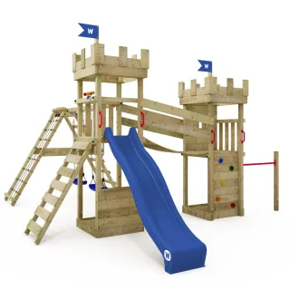 Kinderspielturm Smart Myth mit Rutsche, Doppelschaukel, Wackelbrücke und Sandkasten - Massivholz Garten Spielgerät für Kinder - Wickey