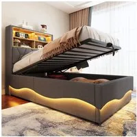 Merax Polsterbett (Kinderbett Jugendbett Einzelbett mit Metall-Lattenrost, 1-tlg), Hydraulisches Stauraumbett 90x200cm mit LED, USB und Ablagefächern