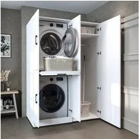 Roomart Waschmaschinenumbauschrank Waschmaschinenschrank DORA 130 cm – Waschturm mit Hochschrank (Waschmaschinenschrank DORA für Trockner & Waschmaschine in 4 Farben) Soft-Close, Ausziehplatte für Wäschekorb, Hochschrank, 4 Farben