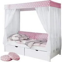 Ticaa Himmelbett Himmelbett "Rosa" 310 Kiefer Weiß (Rosa/Weiß, Oberer Teil abnehmbar und als Einzelbett stellbar