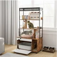 PawHut Tierhaus 2-in-1, mit 3-Ebenen-Regal, Kratzpfosten, Klapptür, für Katze unter 6 kg, 80 x 48 x 152 cm, Rustikal-Braun