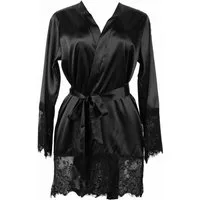 Lau-Fashion Pyjama Satin Pyjama Set Spitze Nachthemd Nachtwäsche Schwarz + String S/XL
