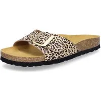 MIDS MONA Damen Pantolette leo Animalprint, Einriemer mit Lederfußbett, Korksohle und Schnalle