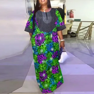 VONDA Womens Elegant Half Sleeve Noble Crew Neck Printed Maxi Dresses (Plus Size)