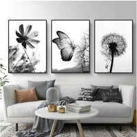 Martin Kench Poster 3er Poster Set Schwarz-Weißer Schmetterling Blume Löwenzahn - Modernes