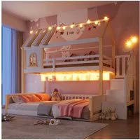 Merax Etagenbett 90x200cm/140x200cm mit LED-Beleuchtung, Stockbett im Hausdesign (Jugendbett Doppelbett, 1-St), Massivholz Kinderbett mit Stauraumtreppe, Regal, Staufächer & Stauraum