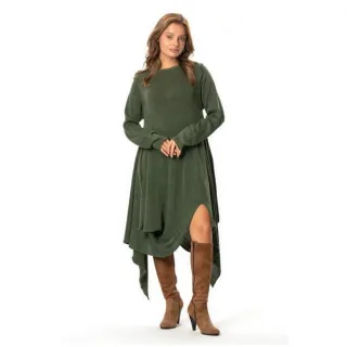 Handan Langarm-Strickkleid mit asymmetrischem Schnitt, fließend, Midi-Länge, Khaki, HK