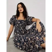 Apricot Midikleid Florales Sommerkleid mit Puffärmeln