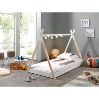 Vipack Kinderbett Tipi, mit Querstange in Zelt-Optik, Kiefer massiv (inkl. Lattenrost, Bettrahmen in Weiß, 2 Größen zur Auswahl), Bodenfreiheit 1,5 cm für bessere Belüftung