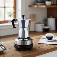 Casativo Einzelkochplatte Mini-Einzelkochplatte mit Espressokocher, 500W Camping-Set 150ml, 500W Mini-Kochplatte Gusseisen-Feld & Alu-Espressokocher für 3 Tassen