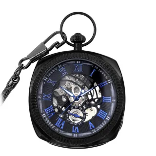 Mechanische schwarz-blaue Vintage-Skelett-Taschenuhr mit offenem Zifferblatt