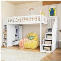 Flieks Hochbett Kinderbett 90x200cm mit Kleiderschrank Ablagefächer und Stauraumtreppe
