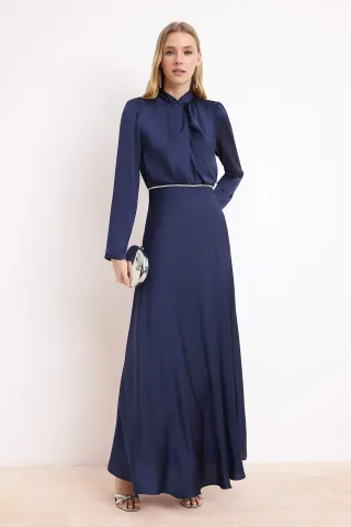 Damen marineblaue flache Maxi lange schicke/nachtliche Skater-Abendkleider