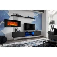 ASM-Moebel Wohnwand Wohnwand Flame E mit Elektrokamin Push - Click System und Led, Elektro Kamin, Led Beleuchtung und Push Click