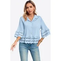 Imily Bela Blusenshirt Damen Button Down Hemden mit 3/4-Glockenärmeln (Packung, 1-tlg., 1per-Pack) Durchbrochener Rüschenrand