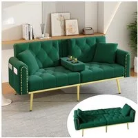 Merax Schlafsofa mit 3 verstellbaren Neigungswinkeln & ausklappbarer Liegefunktion, 2 sitzer Klappsofa Polstersofa mit bettfunktion 1 Teile, Sofa klappbar mit Getränkehalter, Zierkissen & Seitentasche, Samtbezug